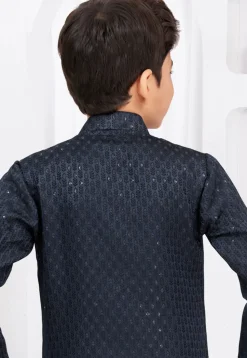 Embroidered Art Silk Jacquard Sherwani in Navy Blue