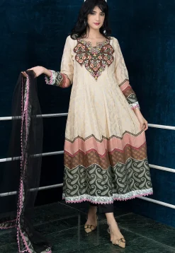 Embroidered Art Silk Jacquard Anarkali Suit in Beige