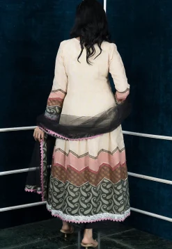 Embroidered Art Silk Jacquard Anarkali Suit in Beige