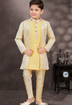 Embroidered Art Silk Jacquard Sherwani in Yellow and Cream