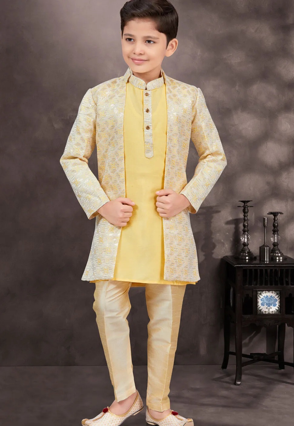 Embroidered Art Silk Jacquard Sherwani in Yellow and Cream
