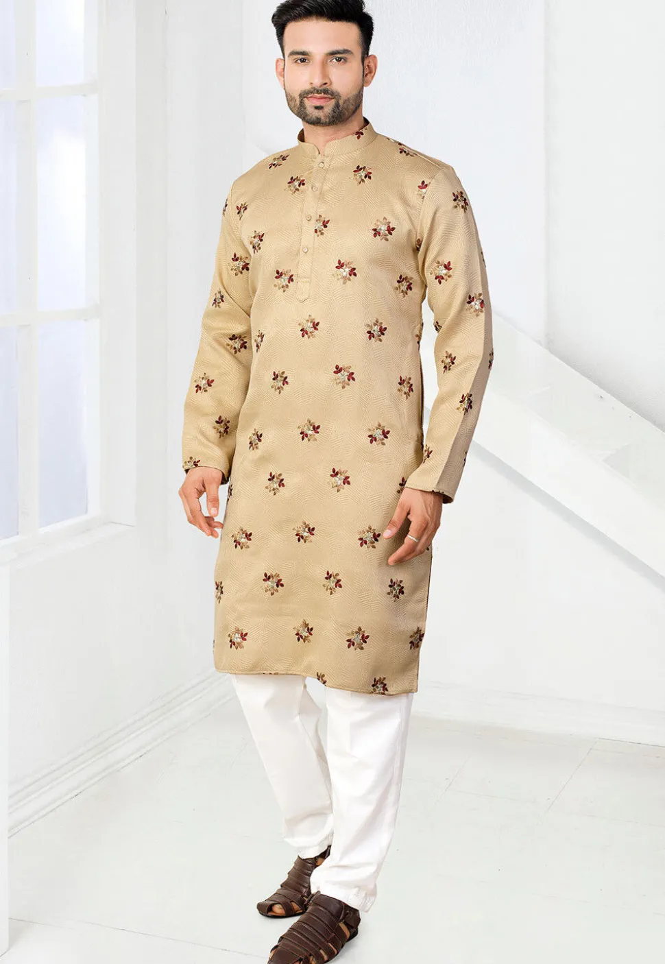 Embroidered Art Silk Jacquard Kurta Set in Beige