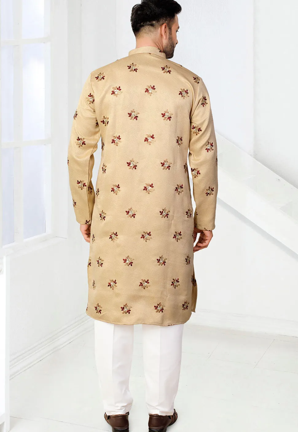 Embroidered Art Silk Jacquard Kurta Set in Beige