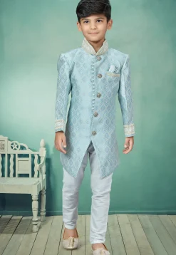 Embroidered Art Silk Jacquard Asymmetric Sherwani in Sky Blue