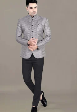 Embroidered Art Silk Jacquard Jodhpuri Suit in Grey
