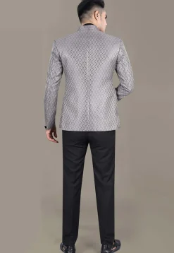 Embroidered Art Silk Jacquard Jodhpuri Suit in Grey
