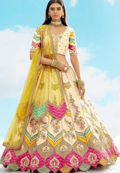 Embroidered Art Silk Jacquard Lehenga in Off White