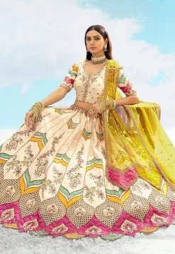 Embroidered Art Silk Jacquard Lehenga in Off White