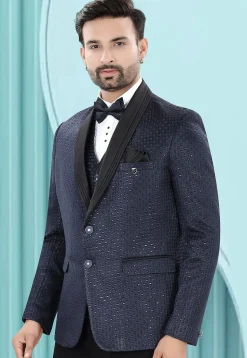 Embroidered Art Silk Jacquard Blazer in Blue