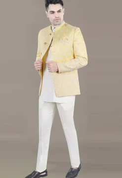Embroidered Art Silk Jacquard Jodhpuri Suit in Yellow
