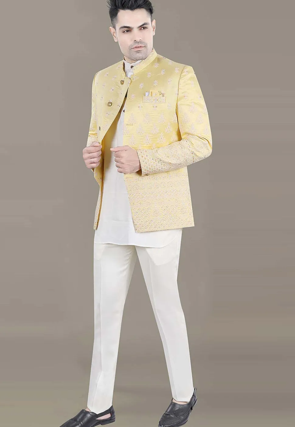 Embroidered Art Silk Jacquard Jodhpuri Suit in Yellow