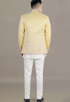 Embroidered Art Silk Jacquard Jodhpuri Suit in Yellow