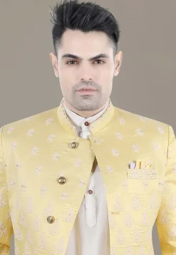 Embroidered Art Silk Jacquard Jodhpuri Suit in Yellow