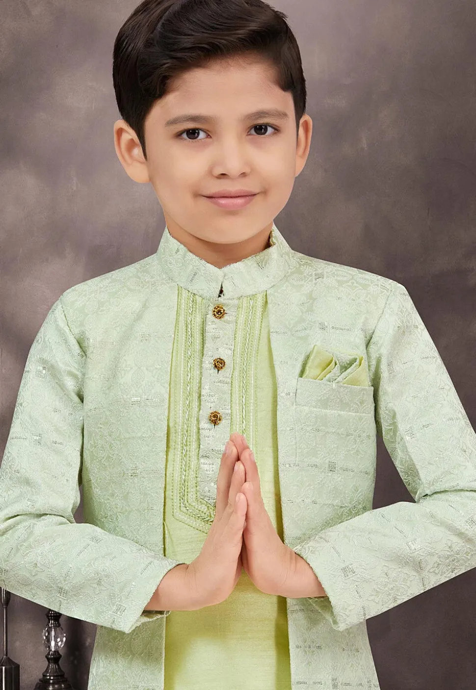 Embroidered Art Silk Jacquard Layered Sherwani in Sea Green