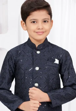 Embroidered Art Silk Jacquard Sherwani in Navy Blue