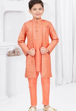Embroidered Art Silk Jacquard Layered Sherwani in Dark Orange