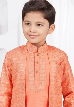 Embroidered Art Silk Jacquard Layered Sherwani in Dark Orange