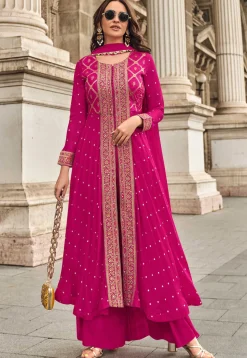 Embroidered Art Silk Jacquard Pakistani Suit in Pink