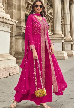 Embroidered Art Silk Jacquard Pakistani Suit in Pink