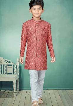 Embroidered Art Silk Jacquard Sherwani in Dark Peach