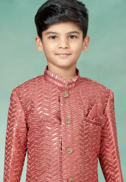 Embroidered Art Silk Jacquard Sherwani in Dark Peach