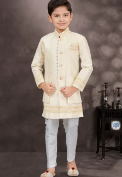 Embroidered Art Silk Jacquard Layered Sherwani in Cream