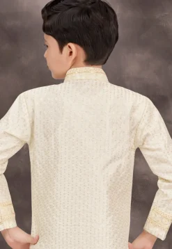 Embroidered Art Silk Jacquard Layered Sherwani in Cream