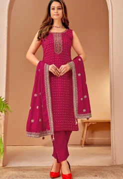 Embroidered Art Silk Jacquard Pakistani Suit in Magenta