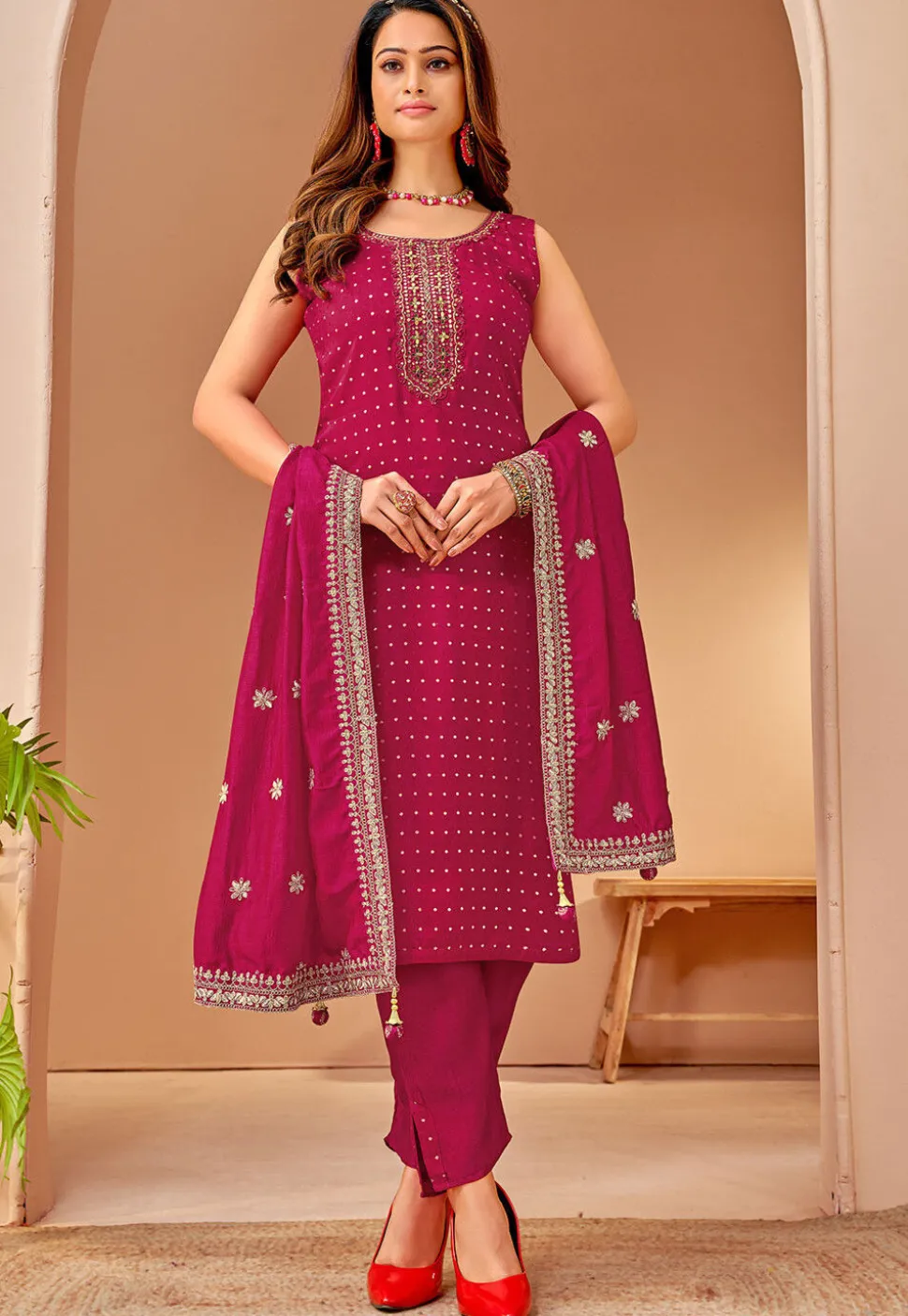 Embroidered Art Silk Jacquard Pakistani Suit in Magenta