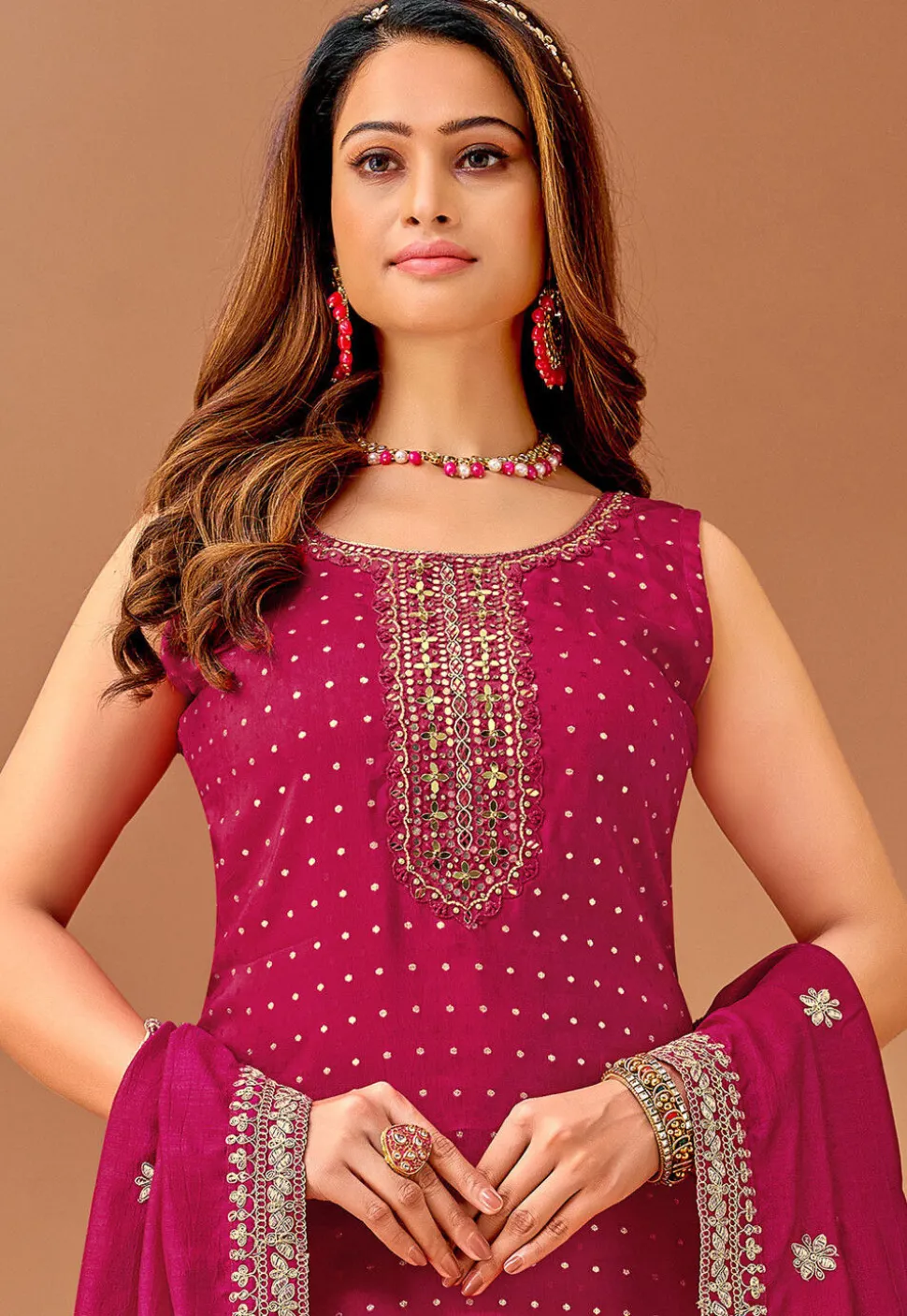 Embroidered Art Silk Jacquard Pakistani Suit in Magenta