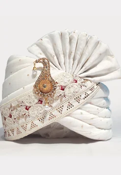Embroidered Art Silk Jacquard Turban in White