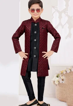 Embroidered Art Silk Jacquard Layered Sherwani in Maroon and Black