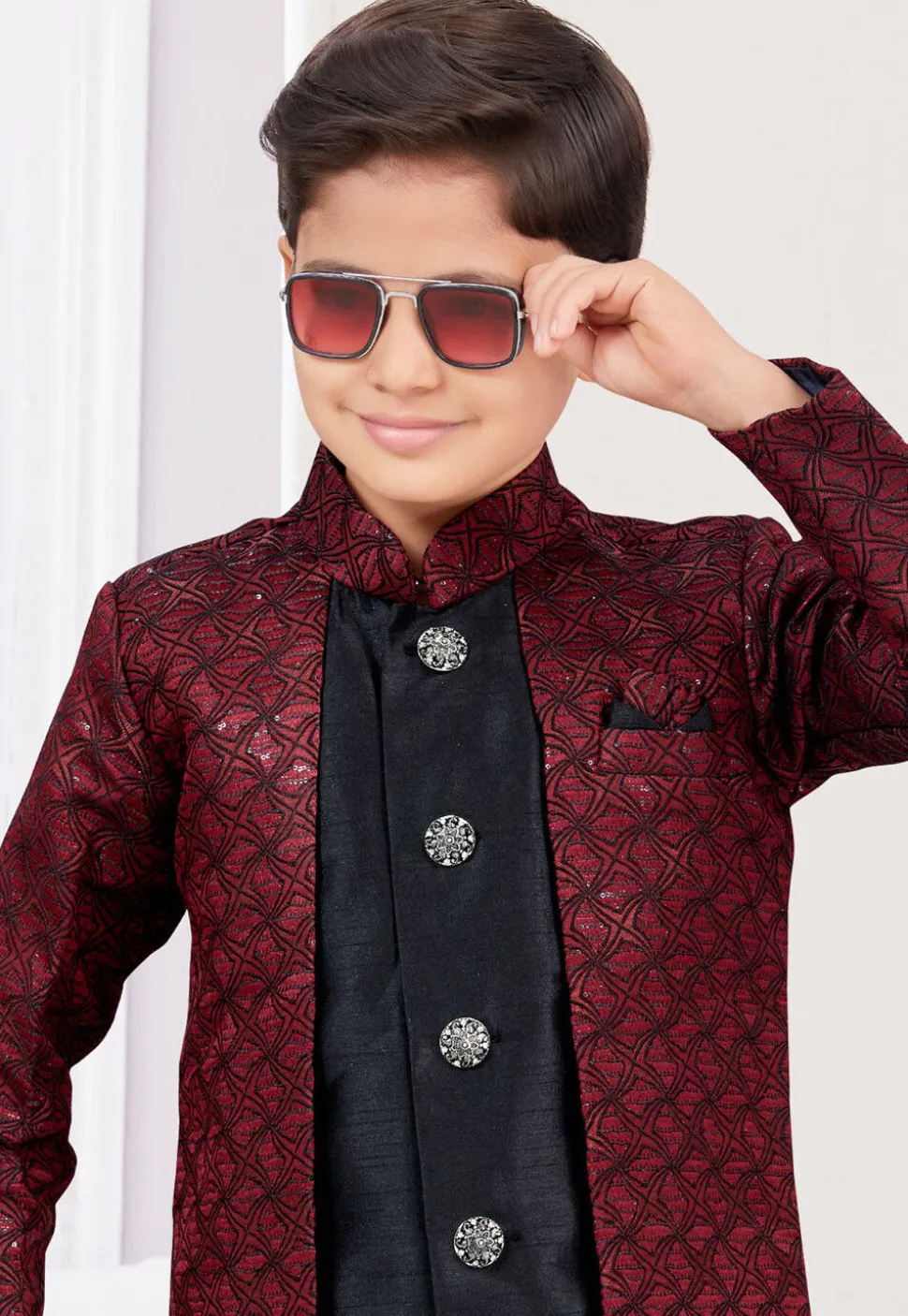 Embroidered Art Silk Jacquard Layered Sherwani in Maroon and Black