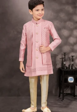 Embroidered Art Silk Jacquard Layered Sherwani in Pink