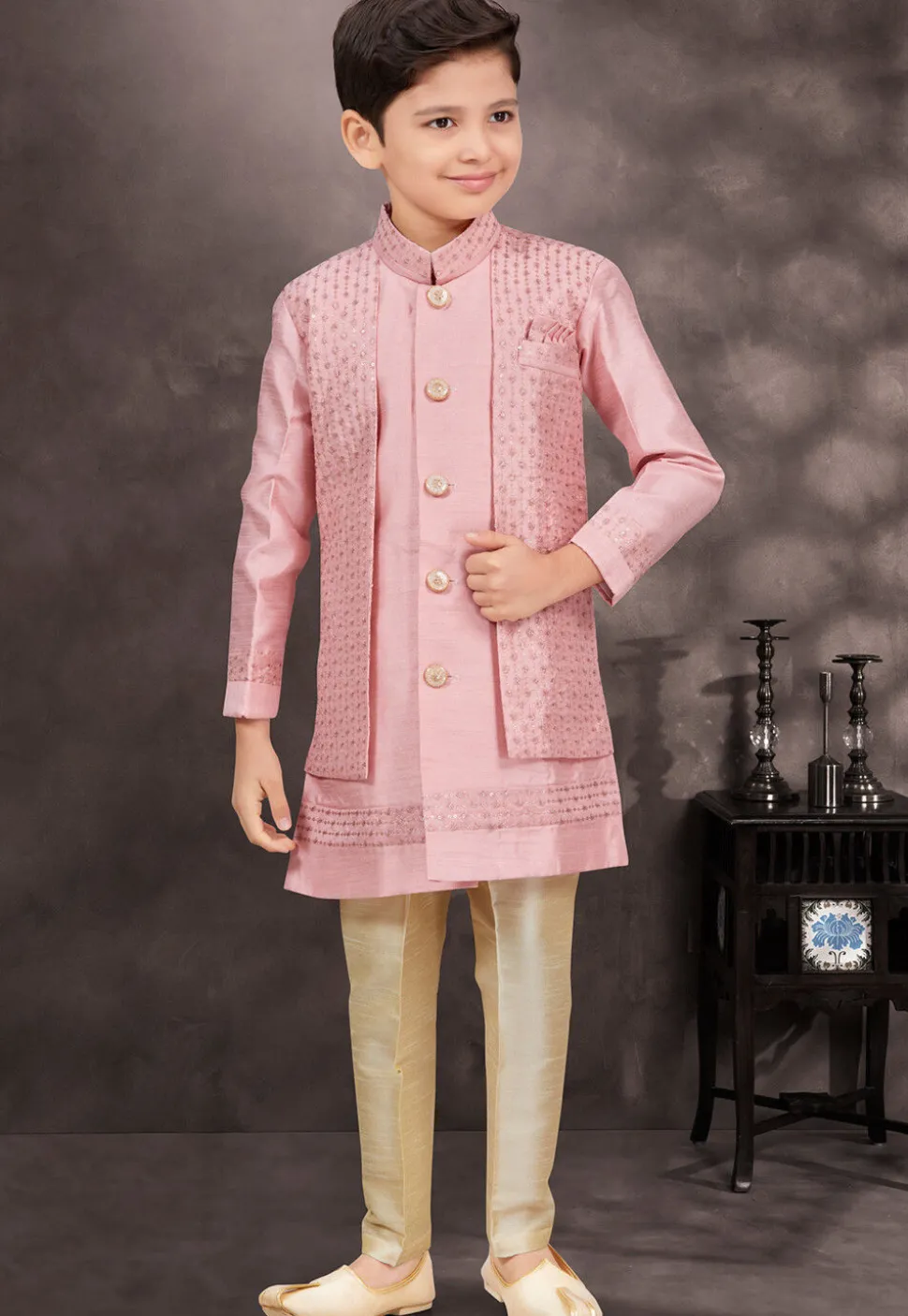 Embroidered Art Silk Jacquard Layered Sherwani in Pink