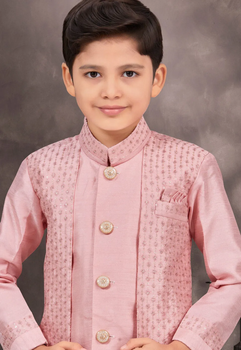 Embroidered Art Silk Jacquard Layered Sherwani in Pink