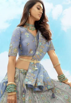 Embroidered Art Silk Jacquard Lehenga in Grey and Blue Shaded