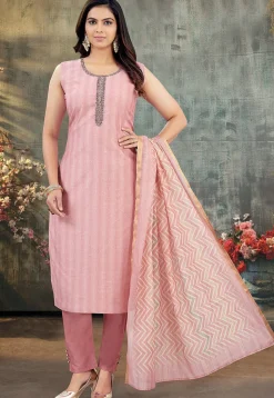 Embroidered Art Silk Jacquard Pakistani Suit in Pink