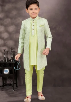 Embroidered Art Silk Jacquard Layered Sherwani in Light Green