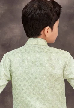 Embroidered Art Silk Jacquard Layered Sherwani in Light Green