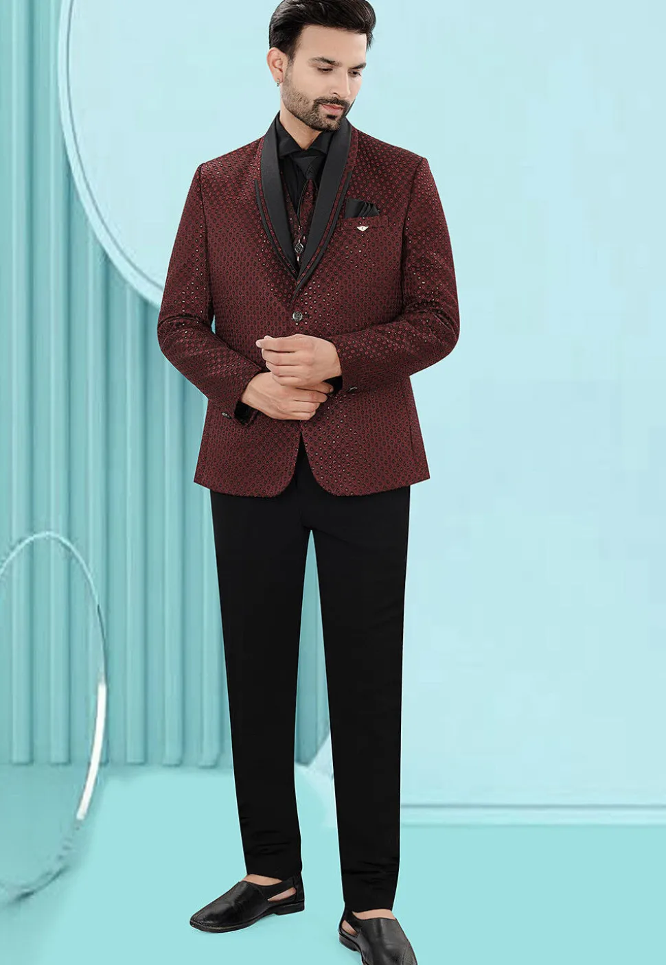 Embroidered Art Silk Jacquard Tuxedo in Maroon