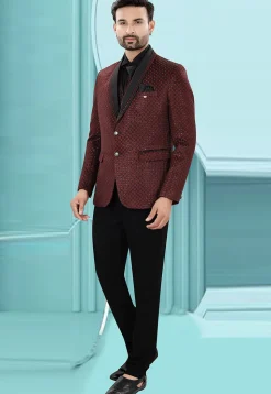 Embroidered Art Silk Jacquard Tuxedo in Maroon