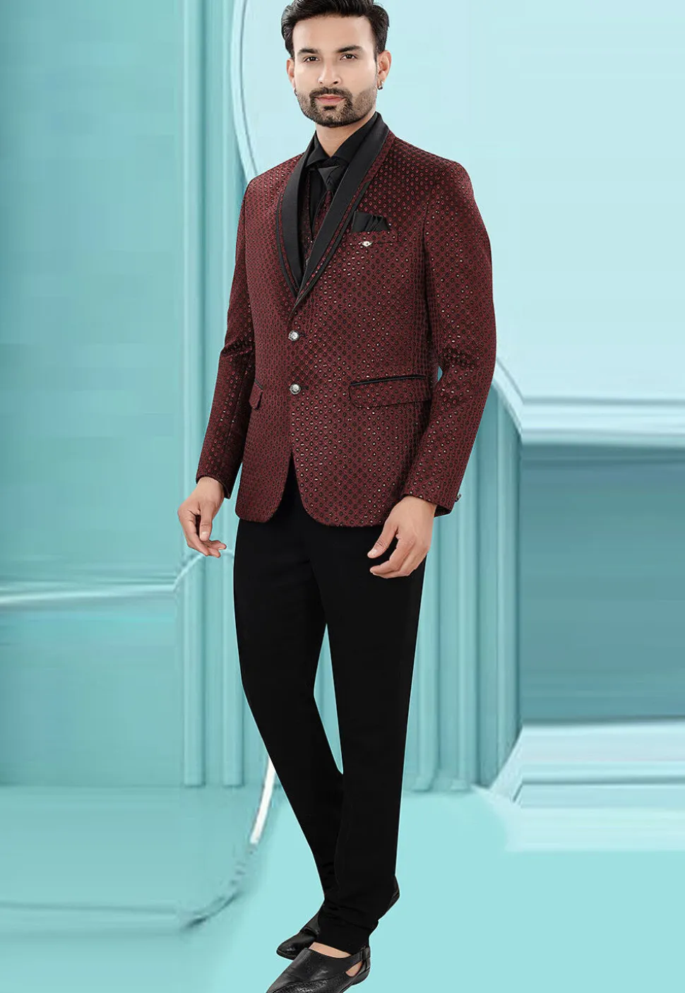 Embroidered Art Silk Jacquard Tuxedo in Maroon