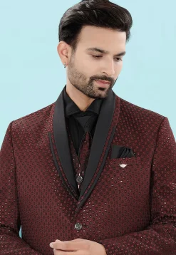 Embroidered Art Silk Jacquard Tuxedo in Maroon