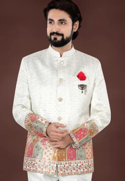 Embroidered Art Silk Jacquard Jodhpuri Jacket in Cream