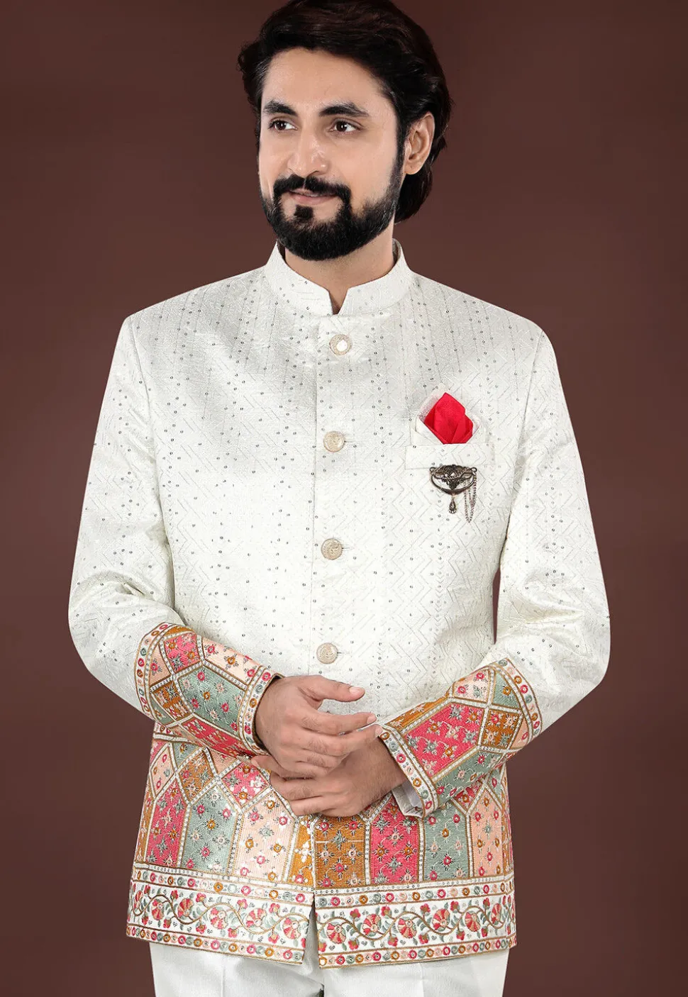 Embroidered Art Silk Jacquard Jodhpuri Jacket in Cream