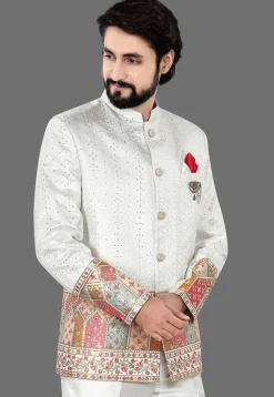 Embroidered Art Silk Jacquard Jodhpuri Jacket in Cream