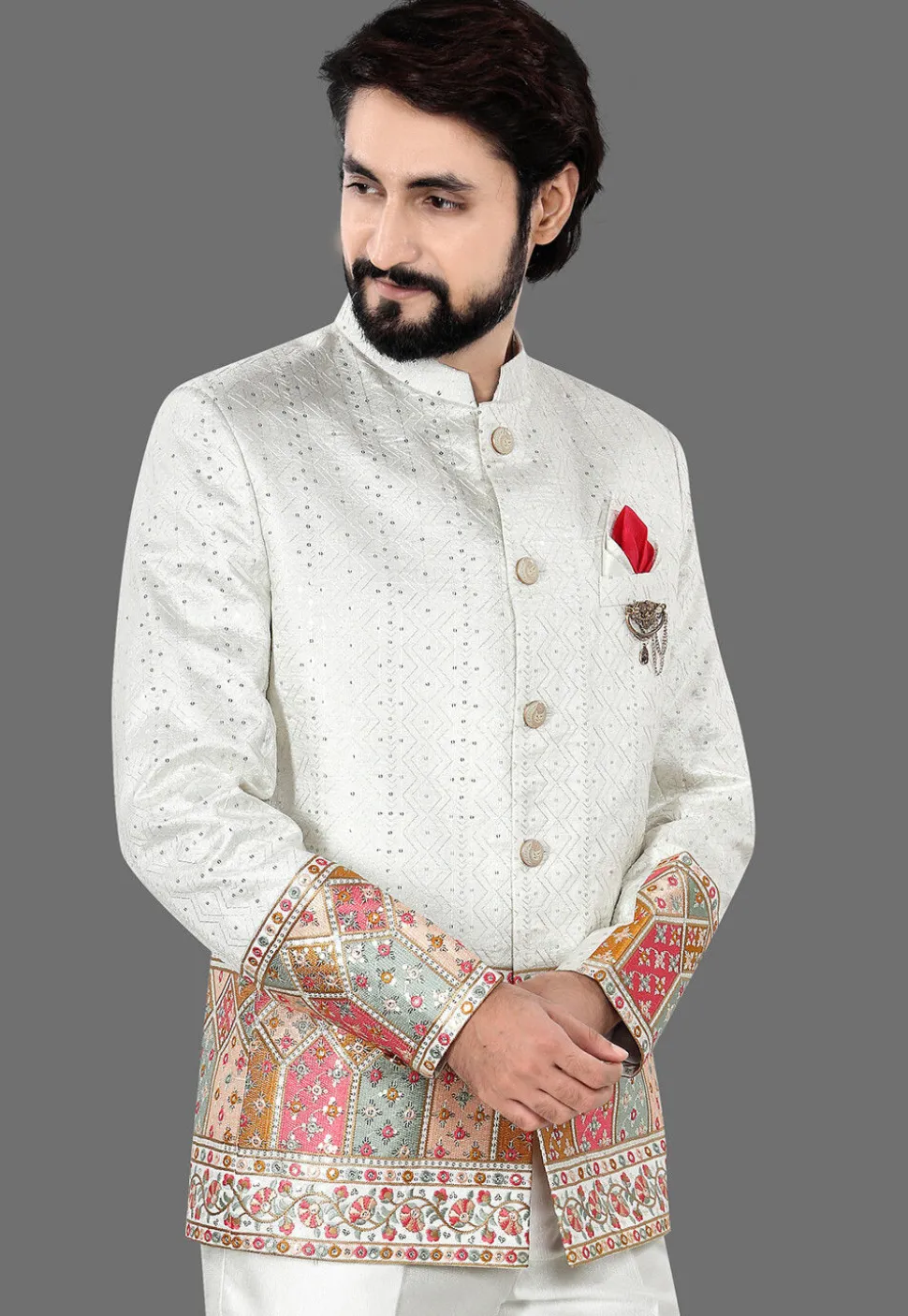 Embroidered Art Silk Jacquard Jodhpuri Jacket in Cream