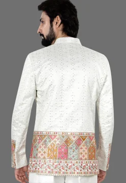 Embroidered Art Silk Jacquard Jodhpuri Jacket in Cream