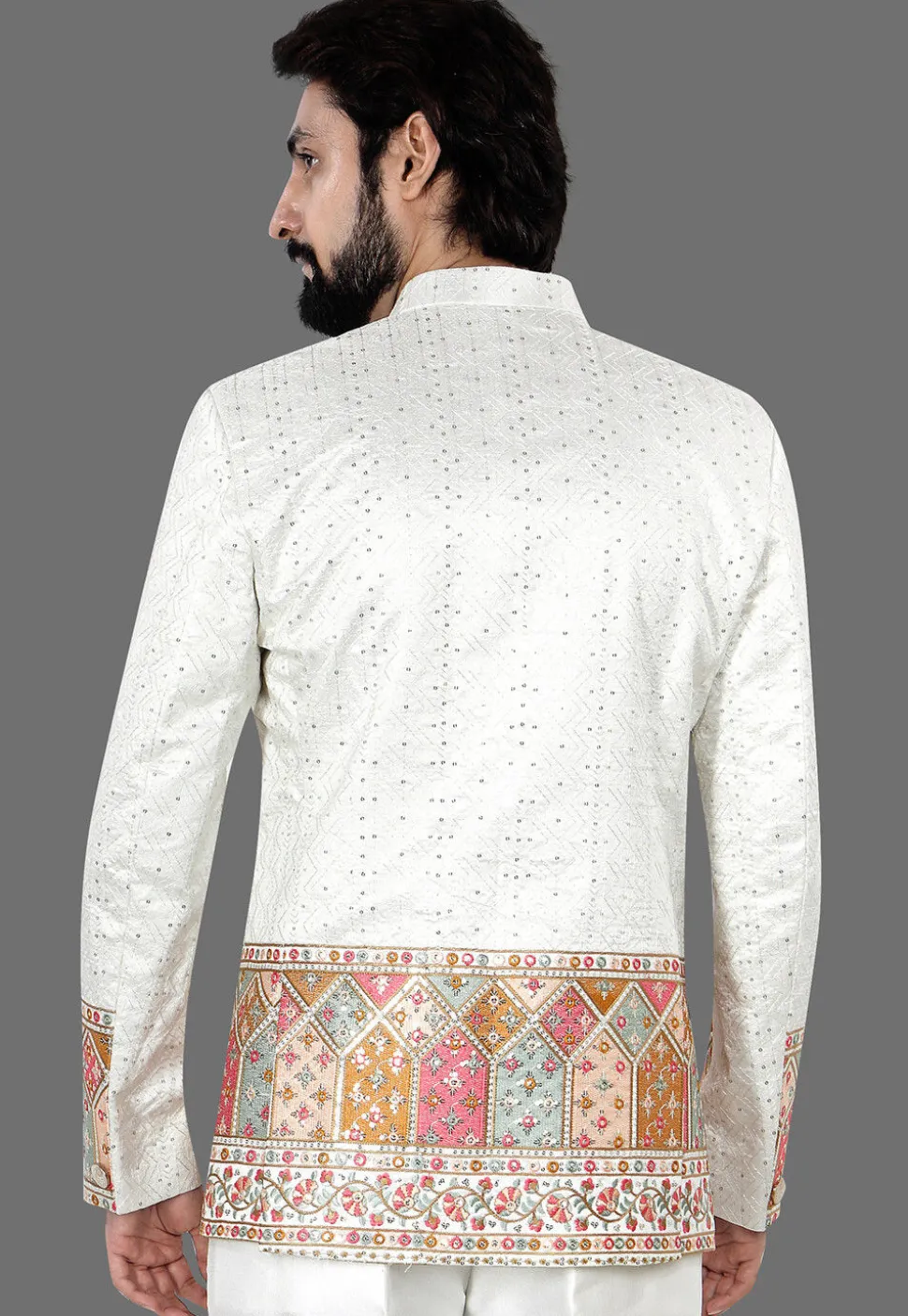 Embroidered Art Silk Jacquard Jodhpuri Jacket in Cream
